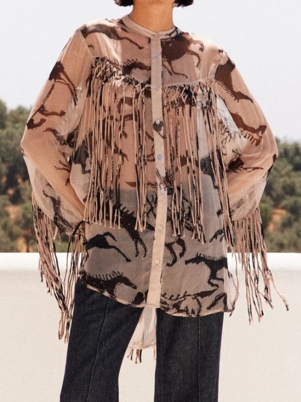 Mes Demoiselles Faustina Beige and Brown Fringe Sheer Abstract Print Blouse